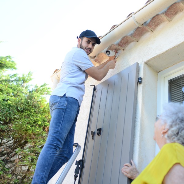 mann installiert kamera am haus